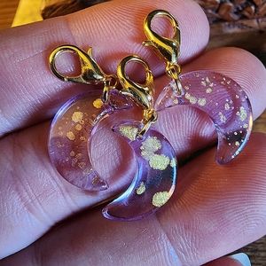Purple Amethyst Crystal Moon Charm SET Gold Foil Glass Crescent Moon Bag Clip on